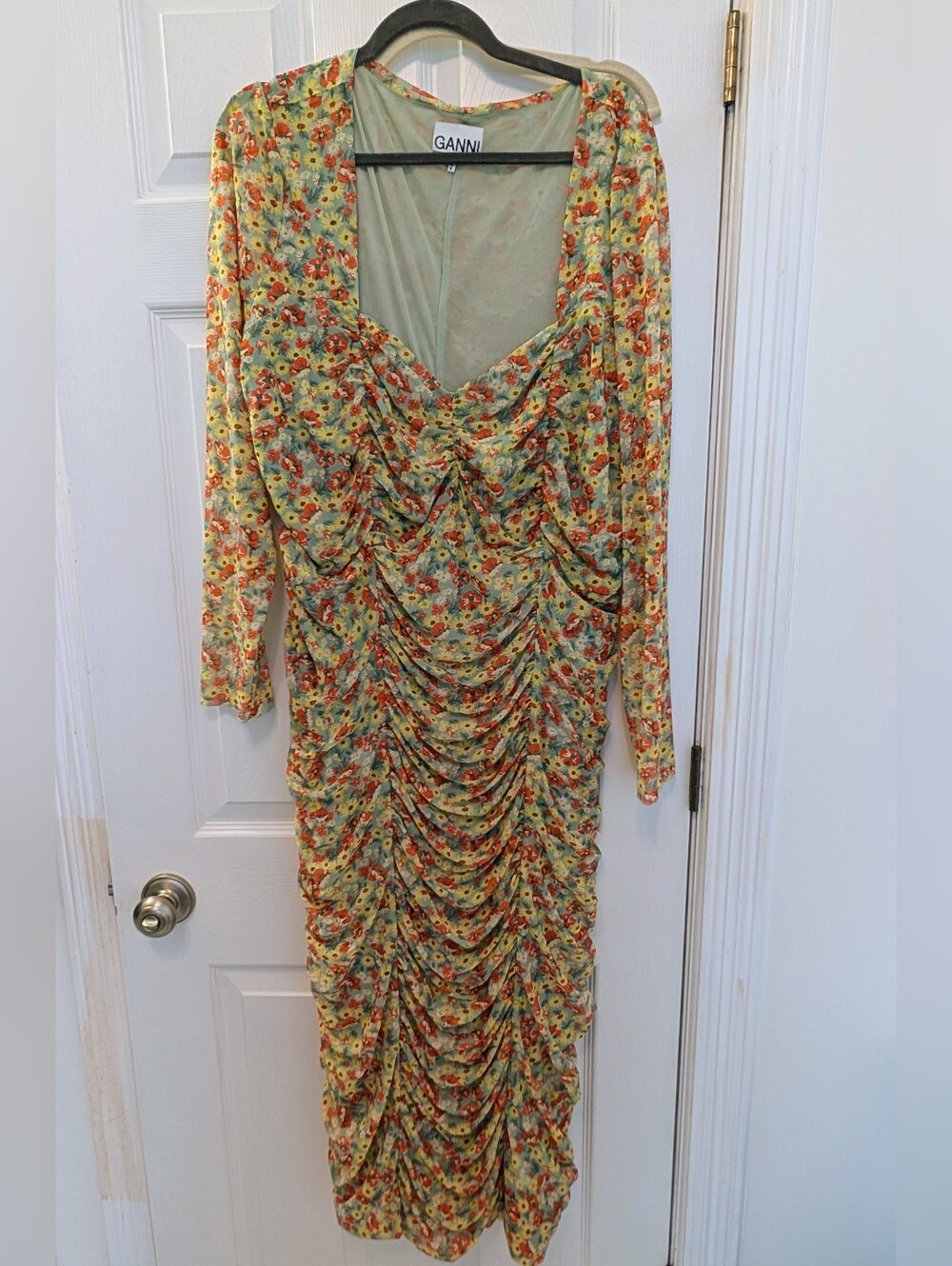 Ganni Floral Print Ruched Midi Dress